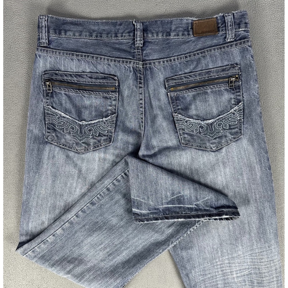 Flypaper Jeans 34x32 Blue Bootcut Distressed Whiskered Zipper Pocket Y2K Skate
